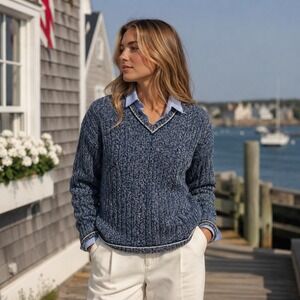 Vintage Shetland Wool Sweater Womens S Blue Marbled Cable Knit Preppy Coastal